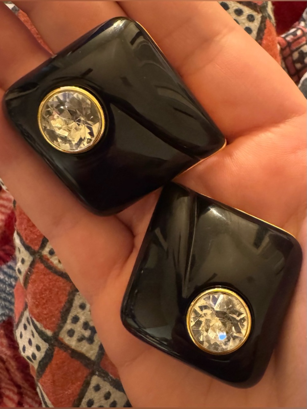Black Diamond Lucite VTG Italian Earrings with Clear Crystal and Gold Trim - Picture 7 of 13